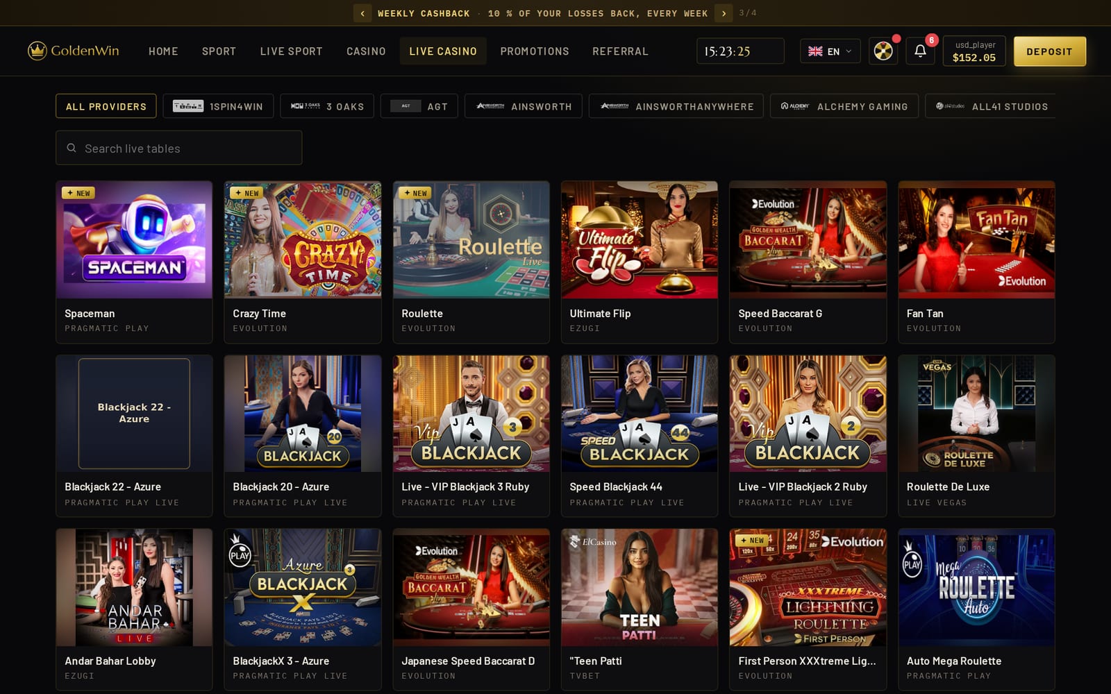 The live casino lobby